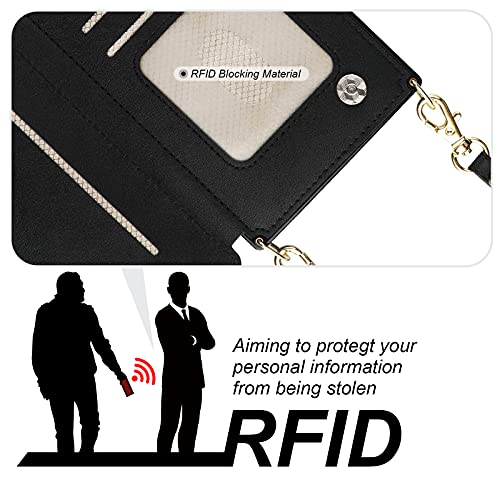 Bocasal Crossbody Wallet Case for iPhone 13 Pro with RFID Blocking Card Slot Holder, Magnetic Flip Folio Purse Case, PU Leather Zipper Handbag with Detachable Lanyard Strap 6.1 Inch 5G (Black) - color: Black