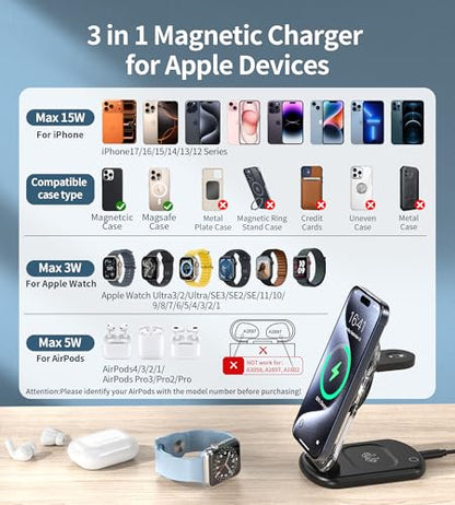 Mukiya 3 in 1 Magnetic Wireless Charging Station for Apple Devices - color: Upgraded Black