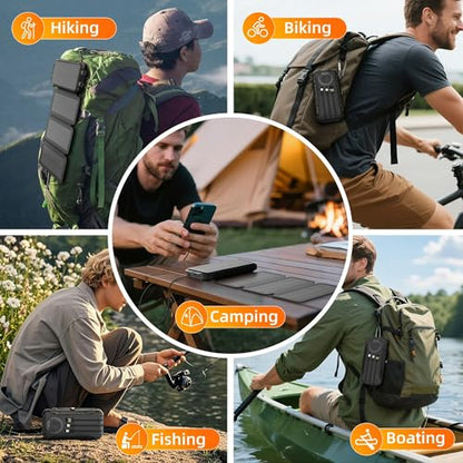 Solar Charger Power Bank Built-in 3 Cables and 4 Solar Panels, Portable Wireless Charger 10,000mAh, External Battery Pack with USB-C in/Output & Flashlight for Outdoor Camping - color: Black