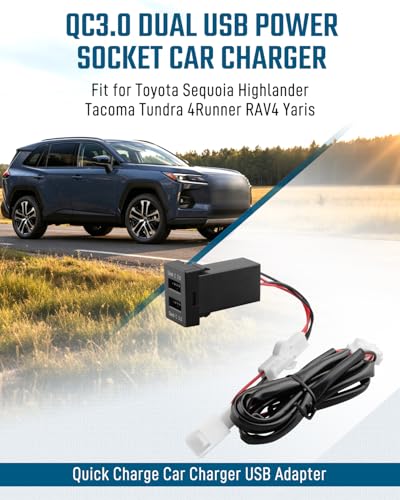 QC3.0 Dual USB Power Socket Car Charger Fit for Toyota Sequoia Highlander Tacoma Tundra 4Runner RAV4 Yaris – Quick Charge Car Charger USB Adapter