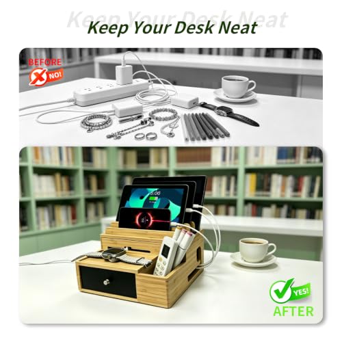 Bamboo Charging Station with 5-Port USB Charger & 5 Cables