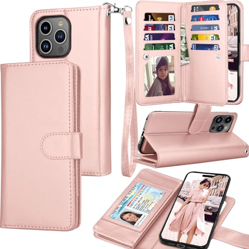 Tekcoo Wallet Case Compatible with iPhone 16 Pro (6.3 inch) 2024 Luxury ID Cash Credit Card Slots Holder Carrying Pouch Folio Flip PU Leather Cover [Detachable Magnetic Hard Case] Strap [Rose Gold] - color: Rose Gold, size: 16 Pro