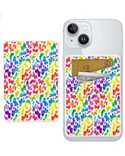 Dual Pocket Leather Phone Wallet Adhesive Stick On, Cute Credit Card Holder for Case, Compatible with Most Phones - Cute Colorful Butterfly - color: Cute Colorful Butterfly