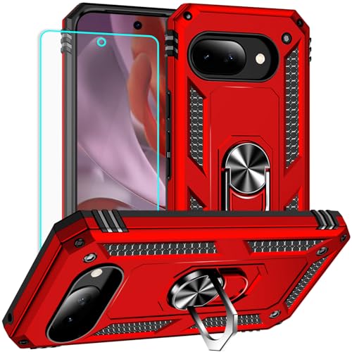 Yiakeng for Google Pixel 9A Case: with Screen Protector - Military Grade Protective Cases with Finger Ring Holder Kickstand for Pixel 9A(Red) - color: Red, size: Google Pixel 9A Case