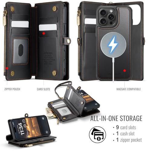 Defencase for iPhone 16 Pro Max Case Wallet Compatible with Magsafe, Black | Drop-Proof Magnetic Detachable Phone Cases Cover, with RFID Bolcking Card Holder, Zipper Strap, PU Leather, Removable Wallet - color: (Detachable with Magsafe)-Black
