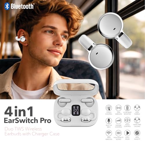 RCA EarSwitch Pro 4-in-1 Duo TWS Wireless Earbuds, Bluetooth 5.4 Open-Ear & in-Ear Dual Buds with LED Charging Case, Touch Control, Built-in Mic, 6H Playtime for Sport & Office (White) - color: White