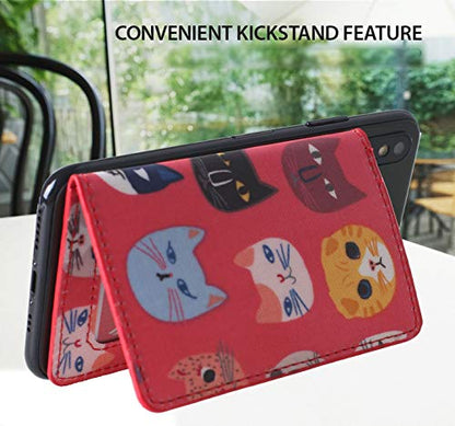 ID Card Holder for Back of Phone Leather Phone Wallet Stick On with Stand Flip Waterproof Leather Adhesive Wallet for Most Cellphones (Red Cat) - color: Red Cat