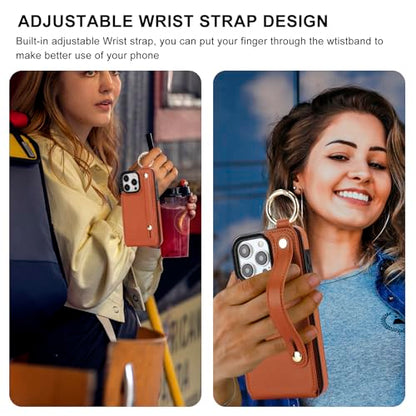 Folosu for iPhone 15 Pro Max Wallet Case with Card Holder, Hand Wrist Strap Loop Holder Kickstand, RFID Blocking Finger Grip Ring PU Leather Double Buttons Shockproof Cover 6.7" Brown - color: Brown
