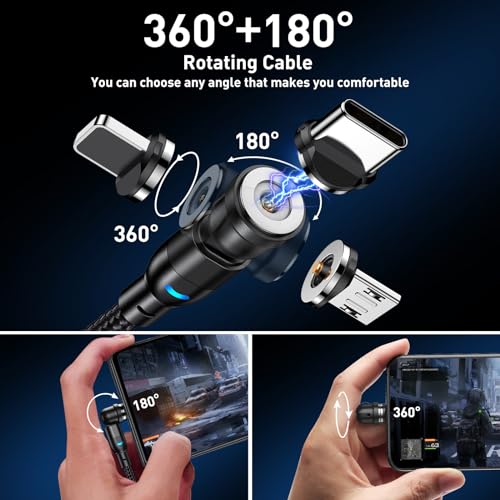 Magnetic Charging Cable 5-Pack (1.6/3.3/3.3/6.6/6.6FT), 540° Rotating Magnetic Phone Charger Cable with LED Light for Micro USB, USB C and i-Product Device