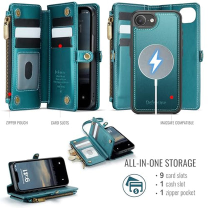Defencase for iPhone 17e/16e Case Wallet Compatible with Magsafe, Bluegreen | Drop-Proof Magnetic Detachable Phone Cases Cover, with RFID Bolcking Card Holder, Zipper Strap, PU Leather, Removable Wallet - color: (Detachable with Magsafe)-Blue Green