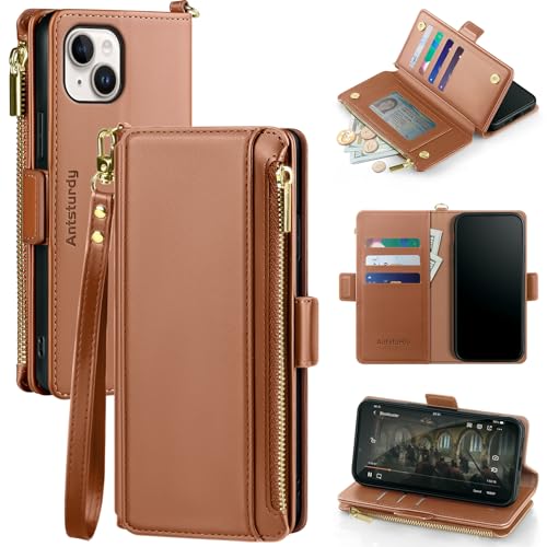 Antsturdy Compatible with iPhone 14 Plus Wallet Case【RFID Blocking】 PU Leather Phone Case Women Men Flip Shockproof Cover Strap Zipper Pocket Credit Card Holder Slots for Apple 14 Plus,Light Brown | RFID Blocking,with Credit Card Holder Slots,PU Leather P