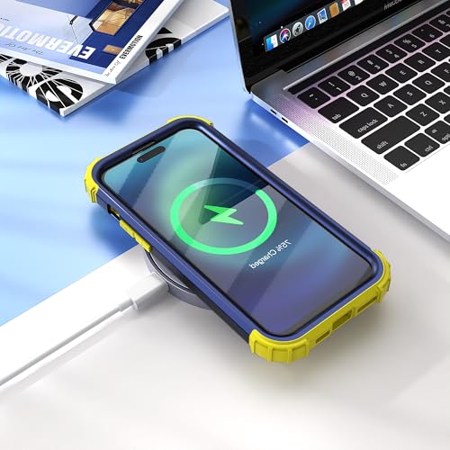 IDweel for iPhone 15 Case with Screen Protector,Luxury 3 in 1 Shockproof Slim Fit Hybrid Heavy Duty Protection Glitter Hard PC Cover Soft Silicone Bumper Full Body Case,Navy Blue/Yellow - color: Navy Blue/Yellow