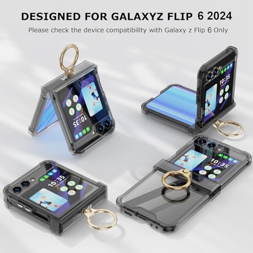 Case for Samsung Galaxy Z Flip 6 Case with Ring Shockproof Kickstand Hinge Protection Phone Cover for Samsung Galaxy Z Flip 6 5G(Crystal Black) - color: Crystal Black