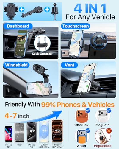 HTU Upgraded Strongest Suction No Block View Bendable Arm Car Phone Holder - color: Deep Black