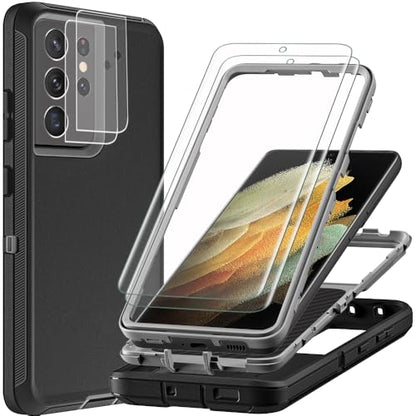 for Samsung Galaxy S21 Ultra Case with 2Pcs Self Healing Flexible TPU Screen Protector & Camera Lens Protector, 3 in 1 Heavy Duty Shockproof/Drop Proof/Dust Proof Case (Black/Grey) - color: Black/Grey