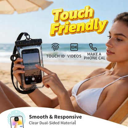Larger Waterproof Phone Pouch iPhone &Shower Phone Holder Waterproof with 2 Suction Cups,Water Phone Protector Pouch with Adjustable Lanyard for iPhone 17 16 15 ProMax (Black, 1 PCS) - color: Black