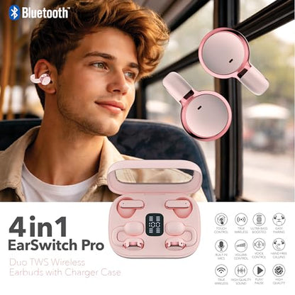 RCA EarSwitch Pro 4-in-1 Duo TWS Wireless Earbuds, Bluetooth 5.4 Open-Ear & in-Ear Dual Buds with LED Charging Case, Touch Control, Built-in Mic, 6H Playtime for Sport & Office (Pink) - color: Pink