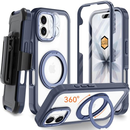 Magnetic for iPhone 17 Case, Compatible with MagSafe, Full Body Rugged Case with Built-in Screen Protector & Kickstand & Belt-Clip (Blue) - color: Blue