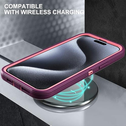 YKHJKLEC for iPhone 15 Pro Case, Military Grade 3 in 1 Heavy Duty Shockproof/Drop Proof/Dust Proof Case with 2Pcs Tempered Glass Screen Protector (Purple/Pink) - color: Purple/Pink