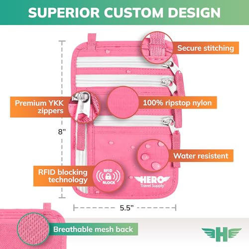 HERO Neck Wallet - RFID Blocking Passport Holder, Easy to Conceal Travel Pouch (Hot Pink) - color: Hot Pink