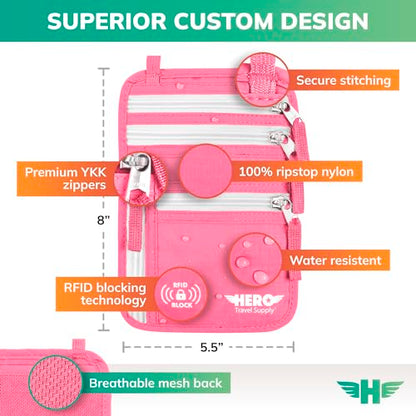 HERO Neck Wallet - RFID Blocking Passport Holder, Easy to Conceal Travel Pouch (Hot Pink) - color: Hot Pink