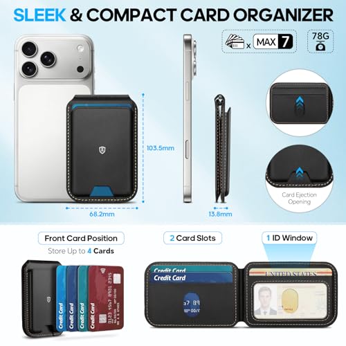SHIELDON Genuine Leather Magnetic Wallet Stand for MagSafe, Retro Black | Strong Magnetic, Card Holder, Kickstand, Angle Adjustment, Rfid Blocking, for iPhone 17/16/15/14/13/12 Series & Magnet Case - color: Retro Black