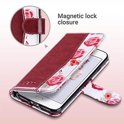 ULAK for iPhone SE 3(2022)/SE(2020)/8/7 Wallet Case Card Holder, Black | Premium PU Leather Flip Case with Kickstand Card Slots [RFID Blocking] Wrist Strap, Durable Shockproof Cover 4.7 Inch - color: Burgundy
