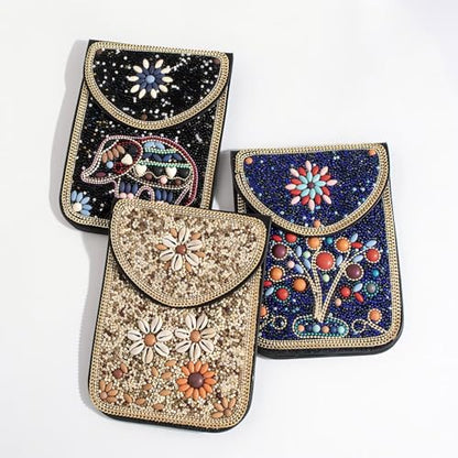 Women's Mobile Phone Bag, Cellphone Pouch, Retro Beads Shoulder Bag, Handcrafted Embellished Clutch Purse, Beaded Design - color: 10a
