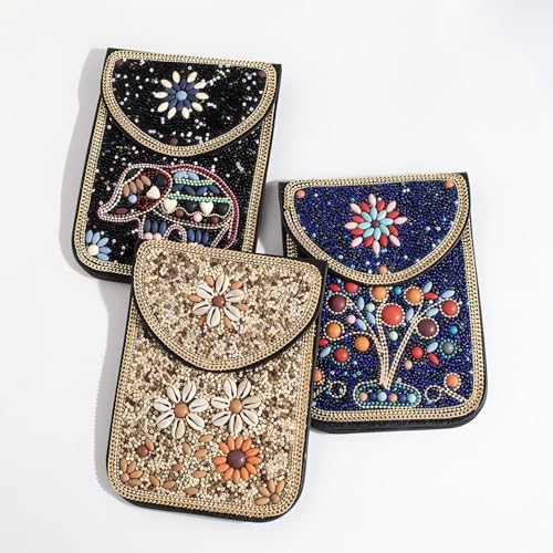 Women's Mobile Phone Bag, Cellphone Pouch, Retro Beads Shoulder Bag, Handcrafted Embellished Clutch Purse, Beaded Design - color: 12b