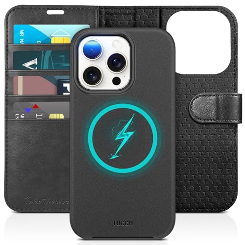 TUCCH 2-in-1 Detachable Wallet Case for iPhone 15 Pro (6.1") 2023, Black | 4 Card Holders, RFID Blocking, Wireless Charging, Kickstand, Shockproof TPU, PU Leather, Magnetic, Folio Cover - color: Black (2-in-1 Detachable)
