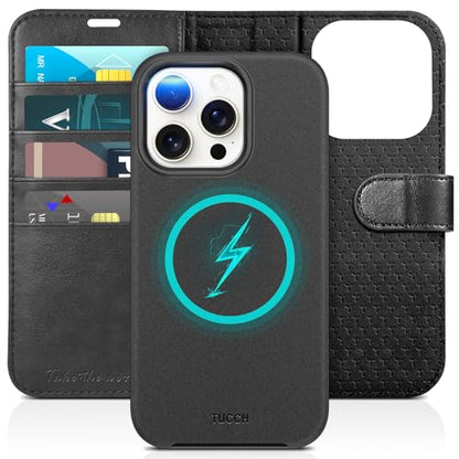 TUCCH 2-in-1 Detachable Wallet Case for iPhone 15 Pro (6.1") 2023, Black | 4 Card Holders, RFID Blocking, Wireless Charging, Kickstand, Shockproof TPU, PU Leather, Magnetic, Folio Cover - color: Black (2-in-1 Detachable)