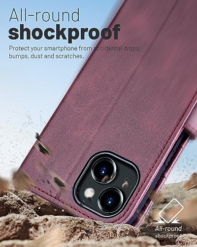 OCASE Compatible with iPhone 15 Wallet Case, PU Leather Flip Folio Case with Card Holders RFID Blocking Kickstand [Shockproof TPU Inner Shell] Phone Cover 6.1 Inch 2023, Mulberry - color: Mulberry