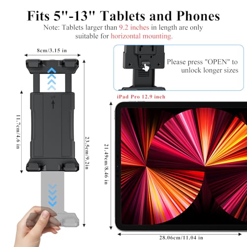 OHLPRO Tablet Mic Stand Holder for iPad Treadmill Handlebar Clamp, Mount for Spin Bike Microphone Peloton Stroller, Fit 5-13” iPad Pro 12.9 Air Mini, Galaxy Tab, iPhone, Fire HD 10-4" Arm - size: 4" Arm