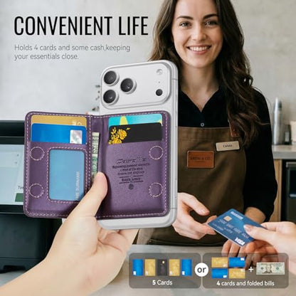 Magnetic Wallet Card Holder with RFID Protection, PU Leather Slim Wallet, Strong Magnet Attachment for iPhone 18/17/16/15/14/13/12 Series Pro Max Plus Mini-Purple - color: Purple