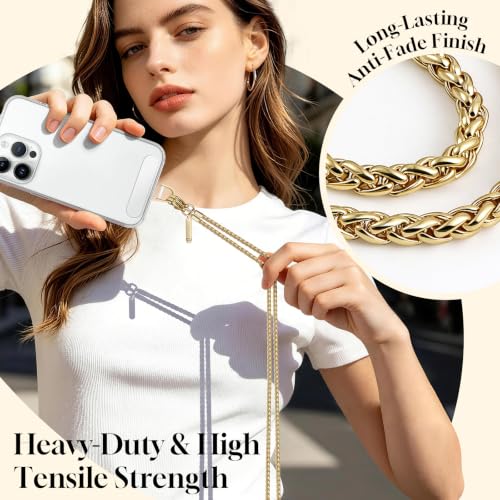 Metal Phone Chain Set,Crossbody Phone Lanyard and Wristlet Strap - color: Gold, size: Long