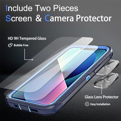 YmhxcY for iPhone 13 Case, 2X Glass Screen and Camera Protector, 3 in 1 Heavy Duty Shockproof Drop Protection Stripe Rubber Cover for 13 6.1"-Dark Blue - color: Dark Blue