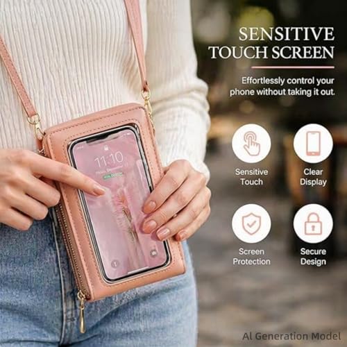 Women's Touch Screen Mobile Phone Messenger Bag,Anti-Theft Mobile Leather Bag,Leather Waterproof Crossbody Wallet Purse - color: Dark Pink