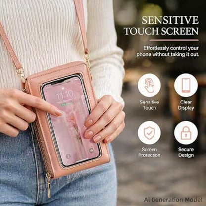 Women's Touch Screen Mobile Phone Messenger Bag,Anti-Theft Mobile Leather Bag,Leather Waterproof Crossbody Wallet Purse - color: Dark Pink