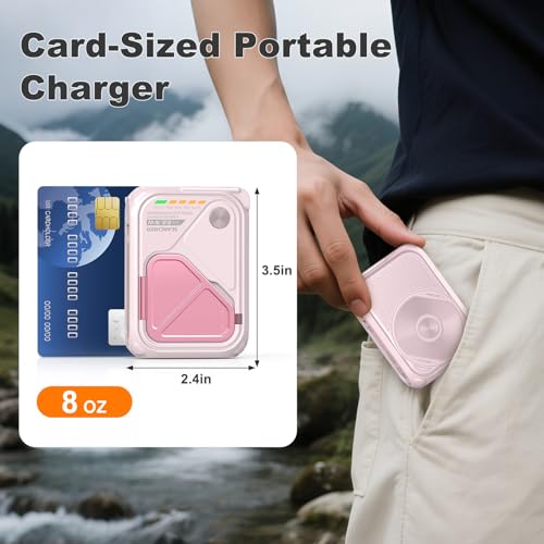 SEANCHEER P05 Portable Charger, Magnetic Power Bank, Small Wireless PowerBank, Battery Pack10000mAh Travel Essentials Fast Charging with Built in Cable, Foldable Wall Plug for iPhone,Andriod（Pink） - color: Pink