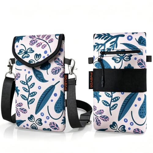 Neoprene Phone Sleeve Pouch Case Bag for Men Women w/Crossbody Strap/Neck Lanyard for iPhone 17/16/15/14 Pro Max, Samsung S25，Pixel 10 - color: Beige Leaf Print