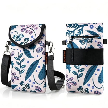 Neoprene Phone Sleeve Pouch Case Bag for Men Women w/Crossbody Strap/Neck Lanyard for iPhone 17/16/15/14 Pro Max, Samsung S25，Pixel 10 - color: Beige Leaf Print