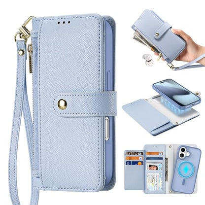 for iPhone 17 Wallet Case, Detachable iPhone 17 Case Wallet Blue | Compatible with Magsafe, RFID Blocking, Zipper Card Holder, PU Leather Flip Folio Case, Strap Wallet Case, - color: Blue, size: iPhone 17