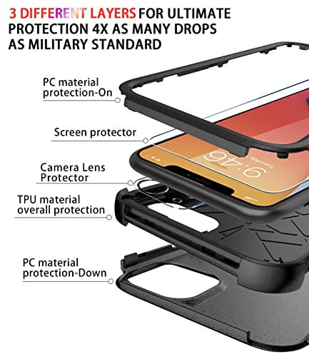 Diverbox for iPhone 11 Case [Shockproof] [Dropproof] [Tempered Glass Screen Protector],Heavy Duty Protection Phone Case Cover for Apple iPhone 11 (Black-3in1) - color: Black-3in1