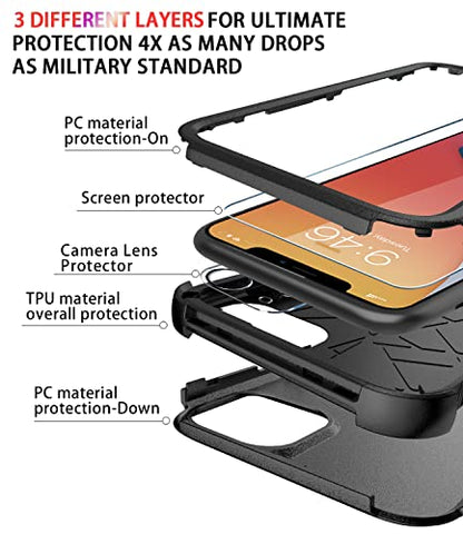 Diverbox for iPhone 11 Case [Shockproof] [Dropproof] [Tempered Glass Screen Protector],Heavy Duty Protection Phone Case Cover for Apple iPhone 11 (Black-3in1) - color: Black-3in1