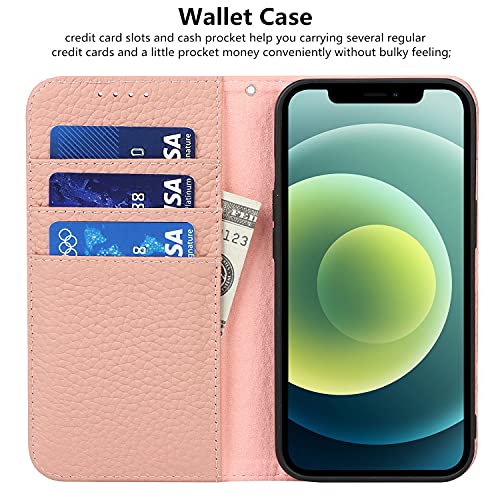 iCoverCase Compatible with iPhone 13 Wallet Case with Credit Card Holder and Wrist Strap, RFID Blocking Genuine Leather Flip Magnetic Phone Cover 6.1 Inch (Pink) - color: 1-Pink (No Headphone Storage Belt), size: iPhone 13