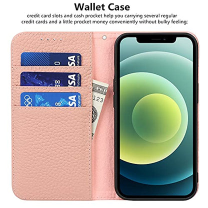 iCoverCase Compatible with iPhone 13 Wallet Case with Credit Card Holder and Wrist Strap, RFID Blocking Genuine Leather Flip Magnetic Phone Cover 6.1 Inch (Pink) - color: 1-Pink (No Headphone Storage Belt), size: iPhone 13