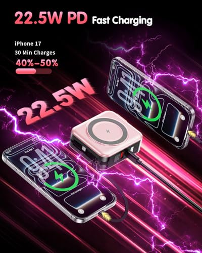 10000mAh for Magsafe Portable Charger Built-in Cables & AC Wall Plug,Pink | 6-in-1,PD 22.5W USB C Fast Charging,15W Magnetic Wireless Charging,Charge 5 devices at once,LED Display Travel Power Bank - color: Pink
