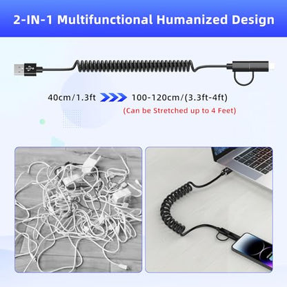 USB to USB-C and Lightning Cable Combo 2 in 1 Coiled Cable Support Apple Carplay & Android Auto [MFi & 3A Fast Charge & Data Sync] Coiled Lightning and USB C Cable for iPhone 17/16/15/14/13/12/Android - color: Black