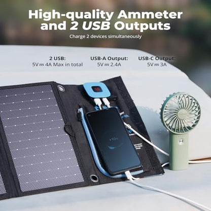 BigBlue 28W Solar Panel Charger with Digital Ammeter, USB-A/USB-C Outputs - color: Black