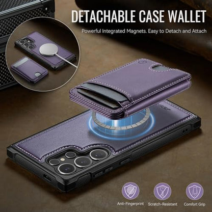 WJX for Samsung Galaxy S25 Ultra MagSafe Wallet Case, 2-in-1 Detachable Luxury Card Holder, Universal MagSafe Compatible, RFID Blocking, Shockproof Kickstand Slim Cover，Grape Purple - color: Grape purple, size: Galaxy S25 Ultra